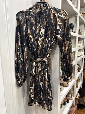 Banana Republic Long-Sleeve Marble-Print Dress in Black, Brown & Cream. New